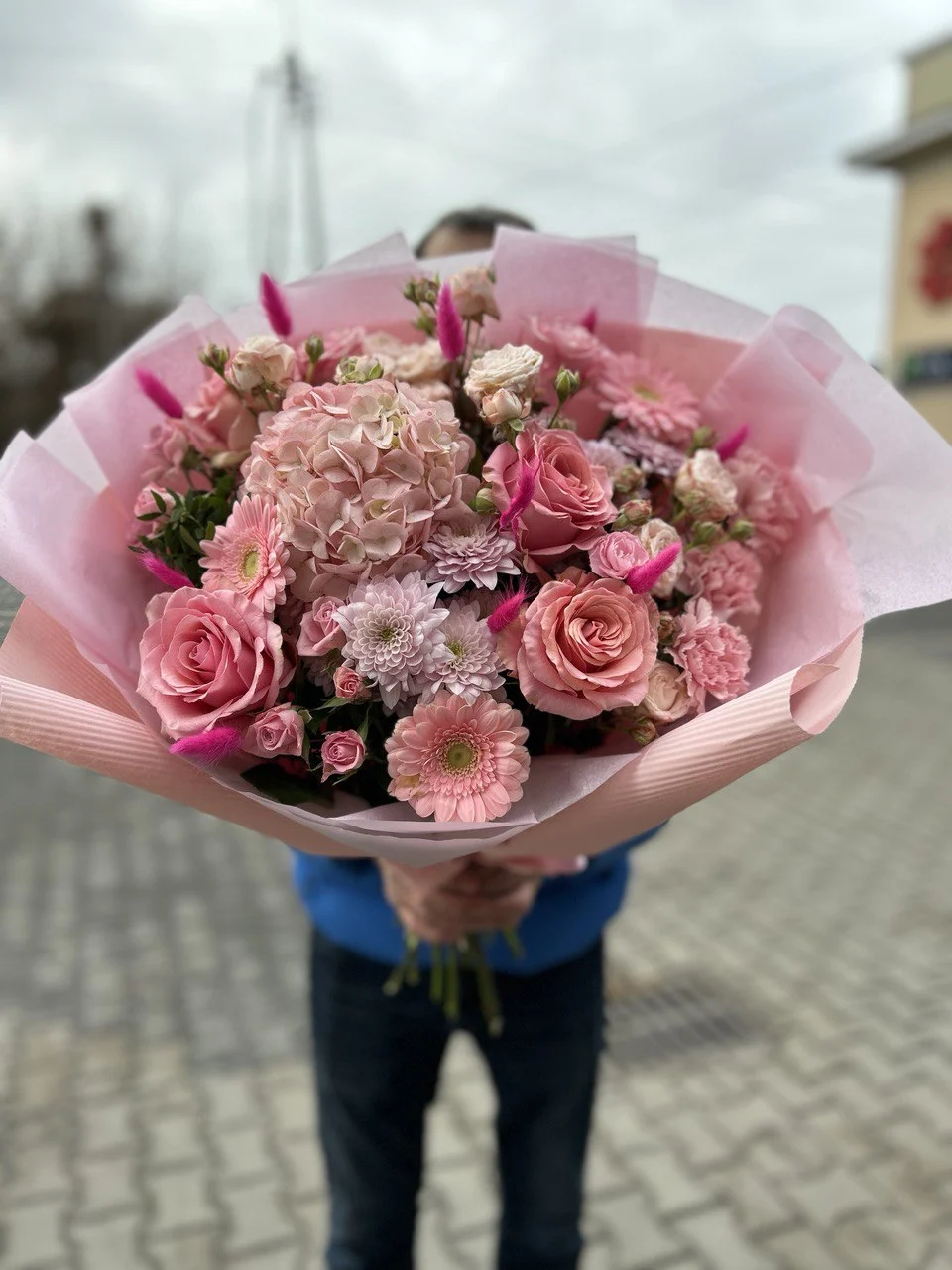 Bukiet Różowy Uśmiech – róże, gerbery i hortensja