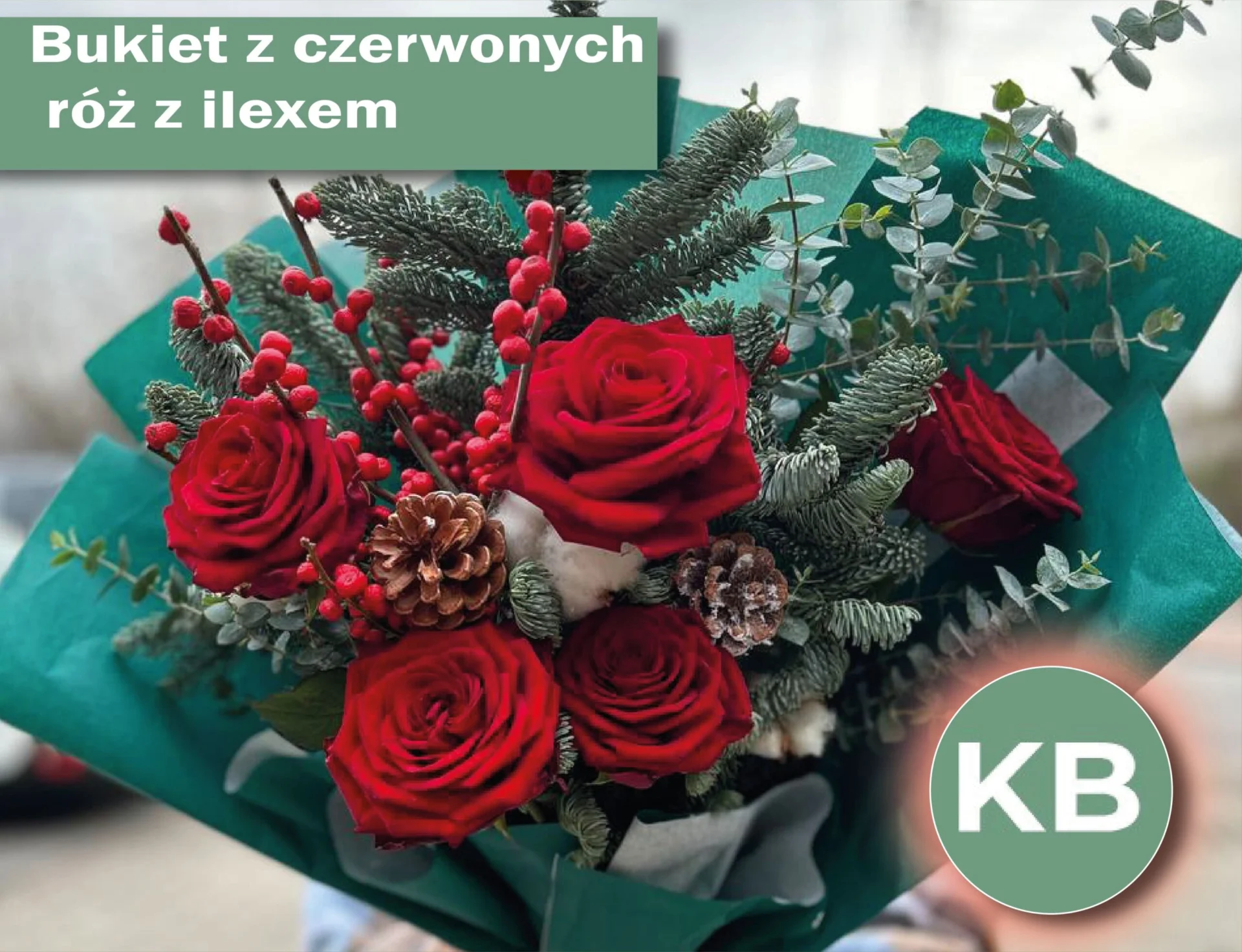 Zimowy bukiet z róż i igliwia