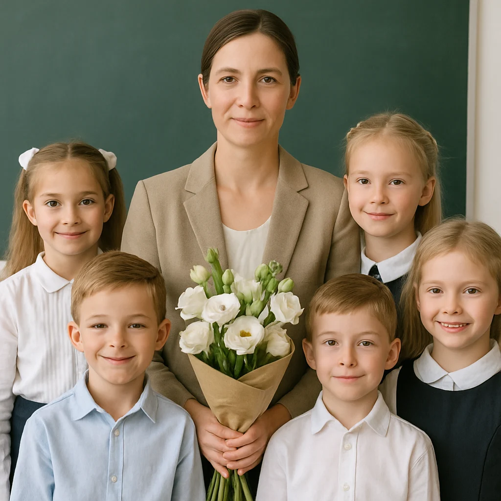 Nauczycielka z bukietem eustomy w otoczeniu uczniów na rozpoczęcie roku szkolnego