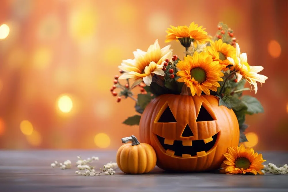 Dekoracja Halloweenowa z uśmiechniętą dynią i jesiennymi kwiatami