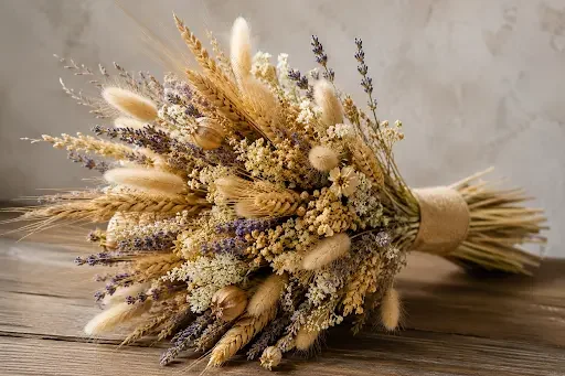 Bukiet teksturowy ze zbóż, kłosów i suszonych kwiatów – naturalne piękno w nowoczesnej florystyce